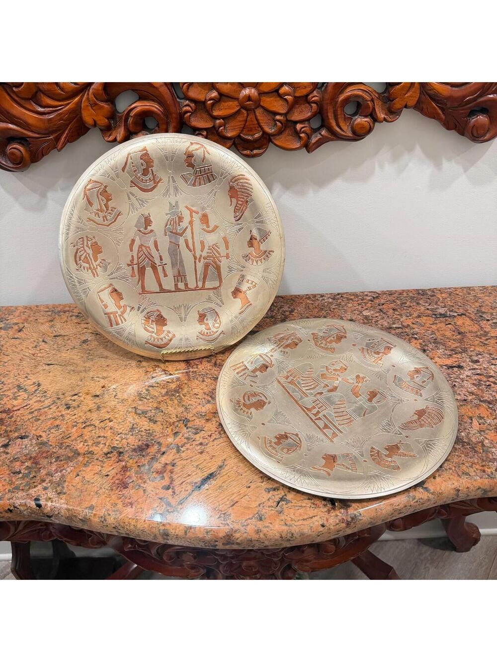 Vintage Egyptian Revival Motifs Mixed-Metal Decorative Plates